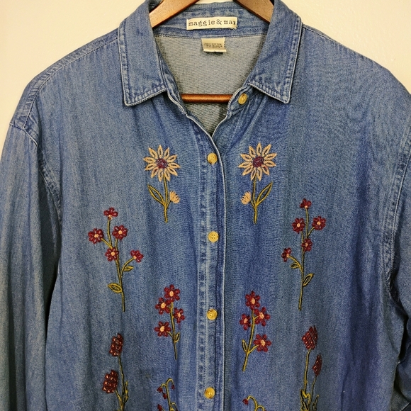 Vtg Maggie & Max Denim Floral Embroidered Top Womens Large Folk Camp Grandmacore - Picture 3 of 10